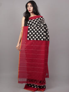 Black Ivory Red Double Ikat Handwoven Pochampally Mercerized Cotton Saree - S031701532