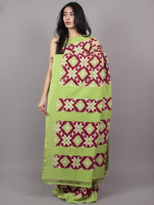 Green Maroon Ivory Telia Rumal Double Ikat Handwoven Pochampally Mercerized Cotton Saree - S031701533