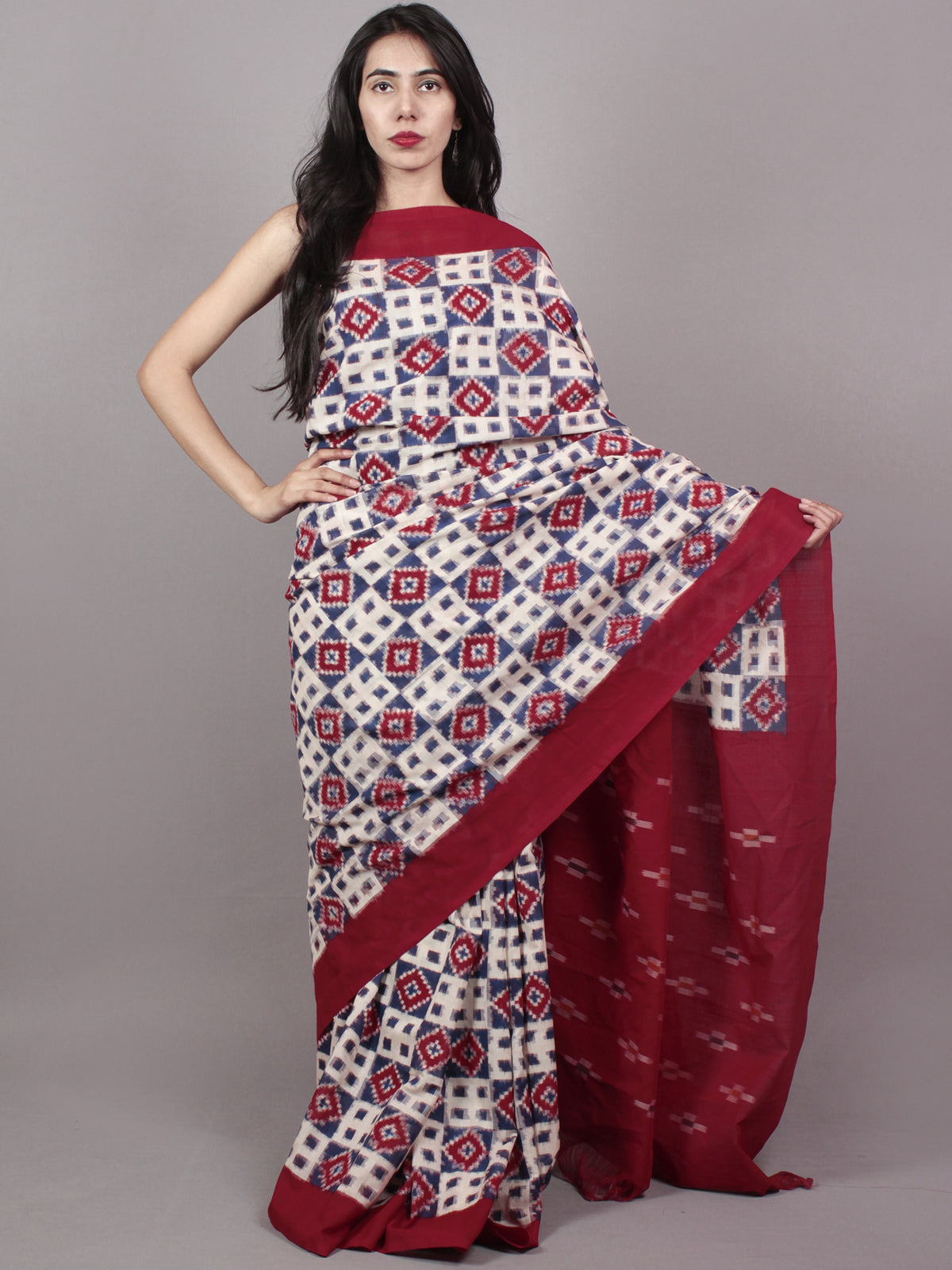 Maroon Ivory Steel Blue Telia Rumal Double Ikat Handwoven Pochampally Mercerized Cotton Saree - S031701537
