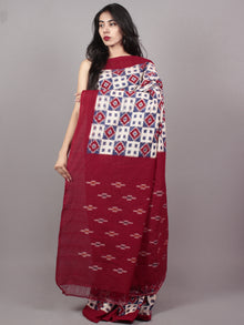 Maroon Ivory Steel Blue Telia Rumal Double Ikat Handwoven Pochampally Mercerized Cotton Saree - S031701537