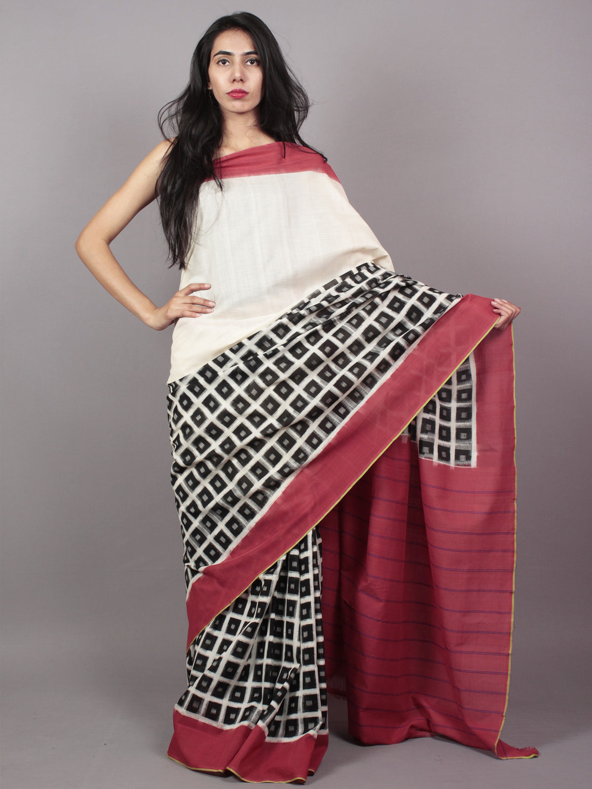 Ivory Black Blush Double Ikat Handwoven Pochampally Mercerized Cotton Saree - S031701541