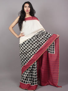 Ivory Black Blush Double Ikat Handwoven Pochampally Mercerized Cotton Saree - S031701541
