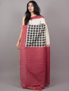 Ivory Black Blush Double Ikat Handwoven Pochampally Mercerized Cotton Saree - S031701541
