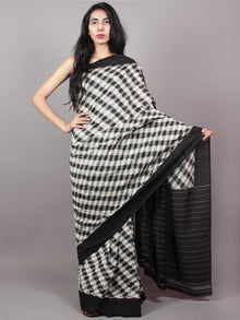 Black Ivory Grey Double Ikat Handwoven Pochampally Mercerized Cotton Saree - S031701542