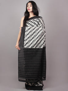 Black Ivory Grey Double Ikat Handwoven Pochampally Mercerized Cotton Saree - S031701542