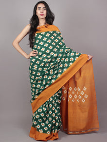 Dark Green Mustard Ivory Double Ikat Handwoven Pochampally Mercerized Cotton Saree - S031701543