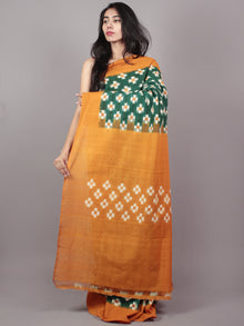 Dark Green Mustard Ivory Double Ikat Handwoven Pochampally Mercerized Cotton Saree - S031701543