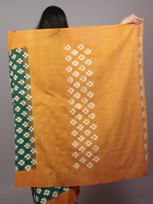 Dark Green Mustard Ivory Double Ikat Handwoven Pochampally Mercerized Cotton Saree - S031701543