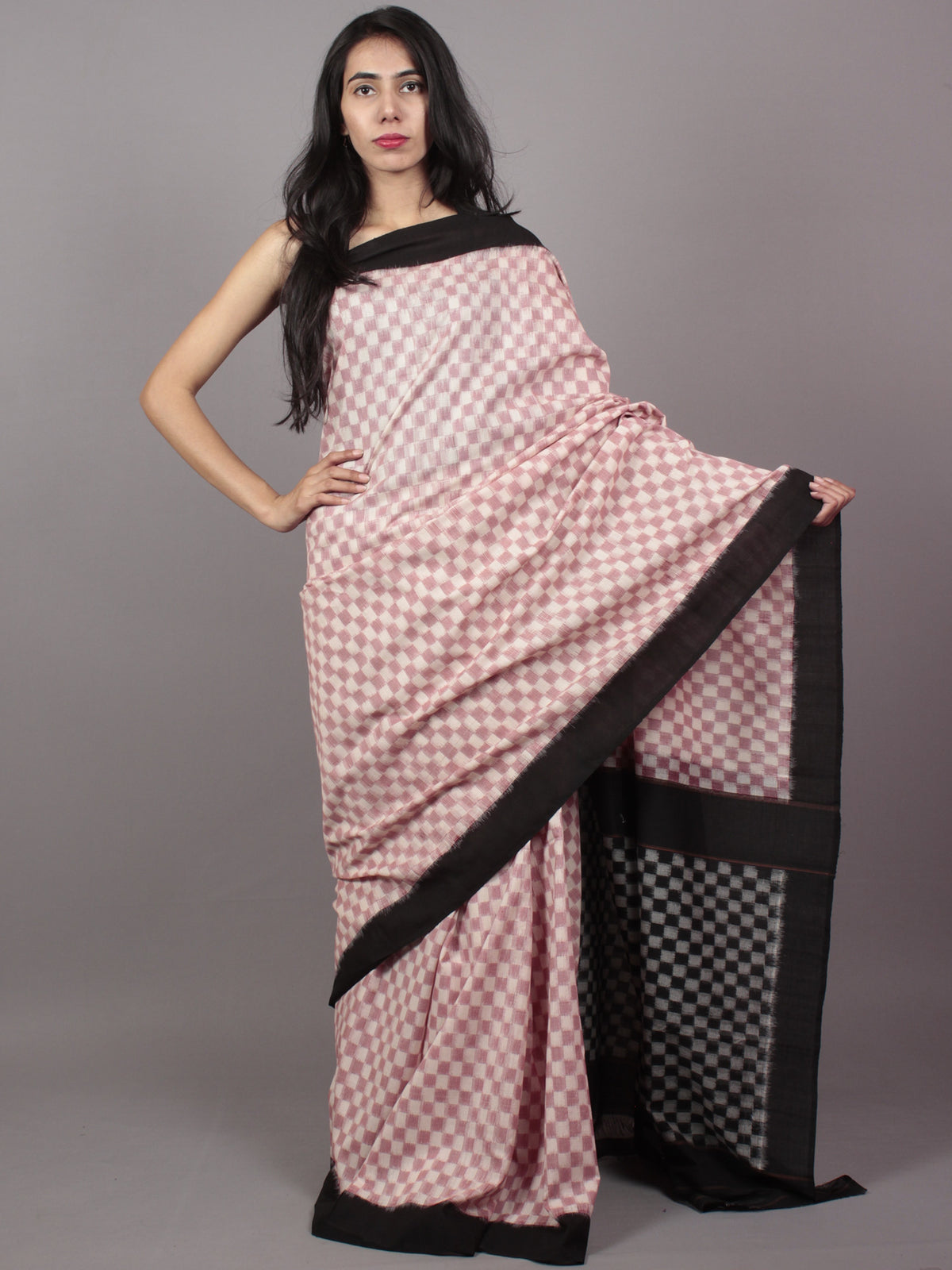 Pastel Pink Black Ivory Double Ikat Handwoven Pochampally Mercerized Cotton Saree - S031701544