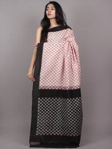 Pastel Pink Black Ivory Double Ikat Handwoven Pochampally Mercerized Cotton Saree - S031701544