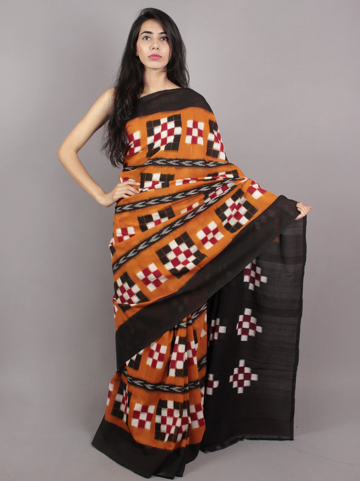 Rust Orange Black Red White Double Ikat Handwoven Pasapalli Cotton Saree - S031701545