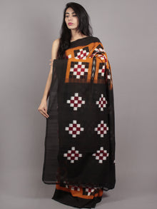 Rust Orange Black Red White Double Ikat Handwoven Pasapalli Cotton Saree - S031701545