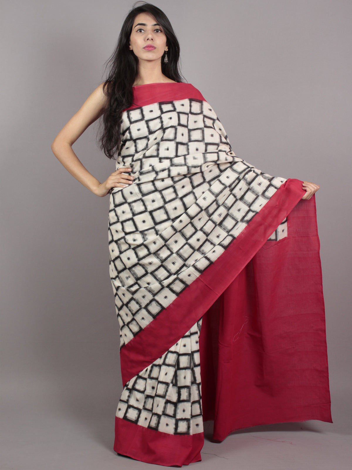 Ivory Black Red White Double Ikat Handwoven Pochampally Mercerized Cotton Saree - S031701546