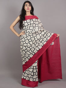 Ivory Black Red White Double Ikat Handwoven Pochampally Mercerized Cotton Saree - S031701546