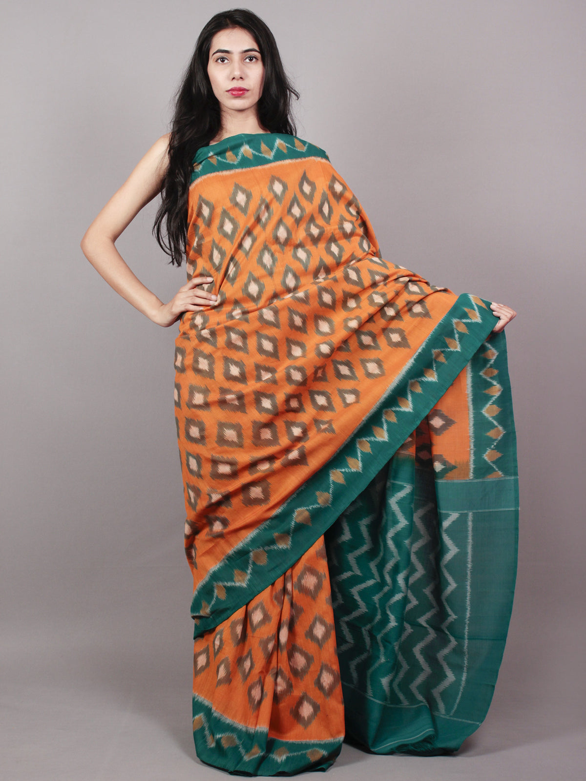 Orange Green Beige Ikat Handwoven Pochampally Mercerized Cotton Saree - S031701642