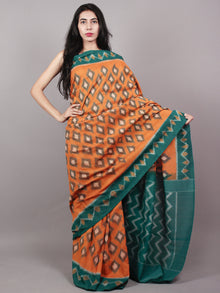 Orange Green Beige Ikat Handwoven Pochampally Mercerized Cotton Saree - S031701642