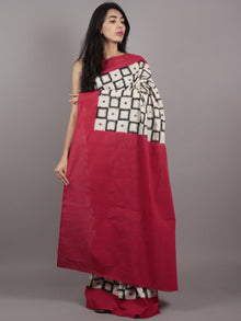 Ivory Black Red White Double Ikat Handwoven Pochampally Mercerized Cotton Saree - S031701546