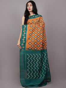 Orange Green Beige Ikat Handwoven Pochampally Mercerized Cotton Saree - S031701642