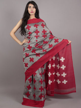 Grey Red White Double Ikat Handwoven Pochampally Mercerized Cotton Saree - S031701547