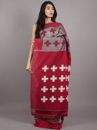 Grey Red White Double Ikat Handwoven Pochampally Mercerized Cotton Saree - S031701547