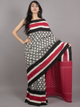 Grey Ivory Black Red Double Ikat Handwoven Pochampally Mercerized Cotton Saree - S031701550