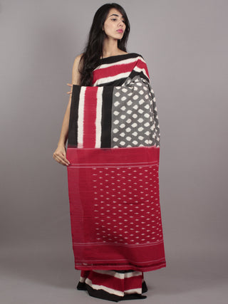 Grey Ivory Black Red Double Ikat Handwoven Pochampally Mercerized Cotton Saree - S031701550