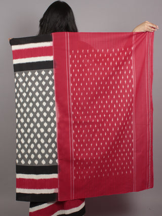 Grey Ivory Black Red Double Ikat Handwoven Pochampally Mercerized Cotton Saree - S031701550