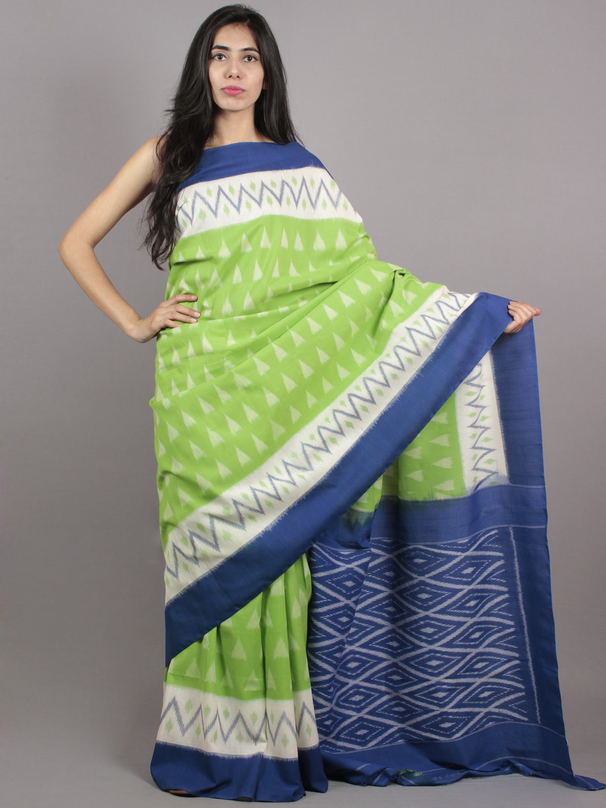 Green Ivory Blue Grey Ikat Handwoven Pochampally Mercerized Cotton Saree - S031701551