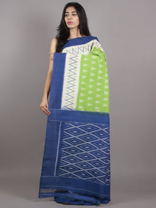 Green Ivory Blue Grey Ikat Handwoven Pochampally Mercerized Cotton Saree - S031701551