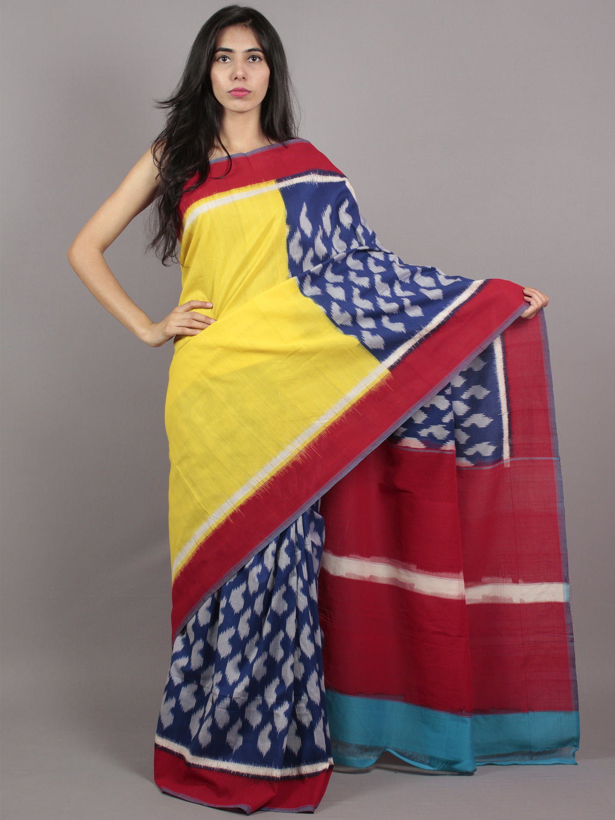Yellow Blue Grey Red Ikat Handwoven Pochampally Mercerized Cotton Saree - S031701552