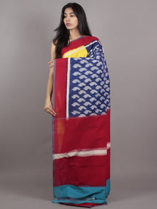 Yellow Blue Grey Red Ikat Handwoven Pochampally Mercerized Cotton Saree - S031701552