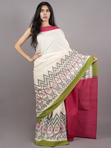 Ivory Pink Green Grey Ikat Handwoven Pochampally Mercerized Cotton Saree - S031701553