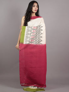Ivory Pink Green Grey Ikat Handwoven Pochampally Mercerized Cotton Saree - S031701553