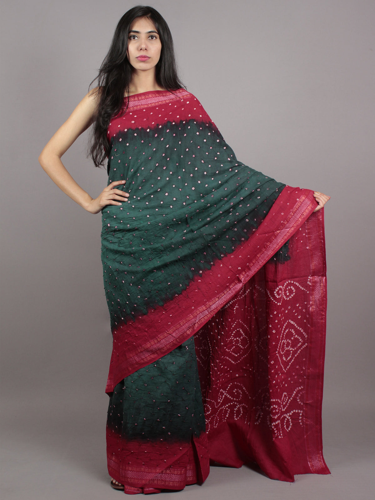 Green Maroon Ivory Hand Tie & Dye Bandhej Glace Cotton Saree With Resham Border - S031701554