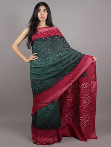 Green Maroon Ivory Hand Tie & Dye Bandhej Glace Cotton Saree With Resham Border - S031701554
