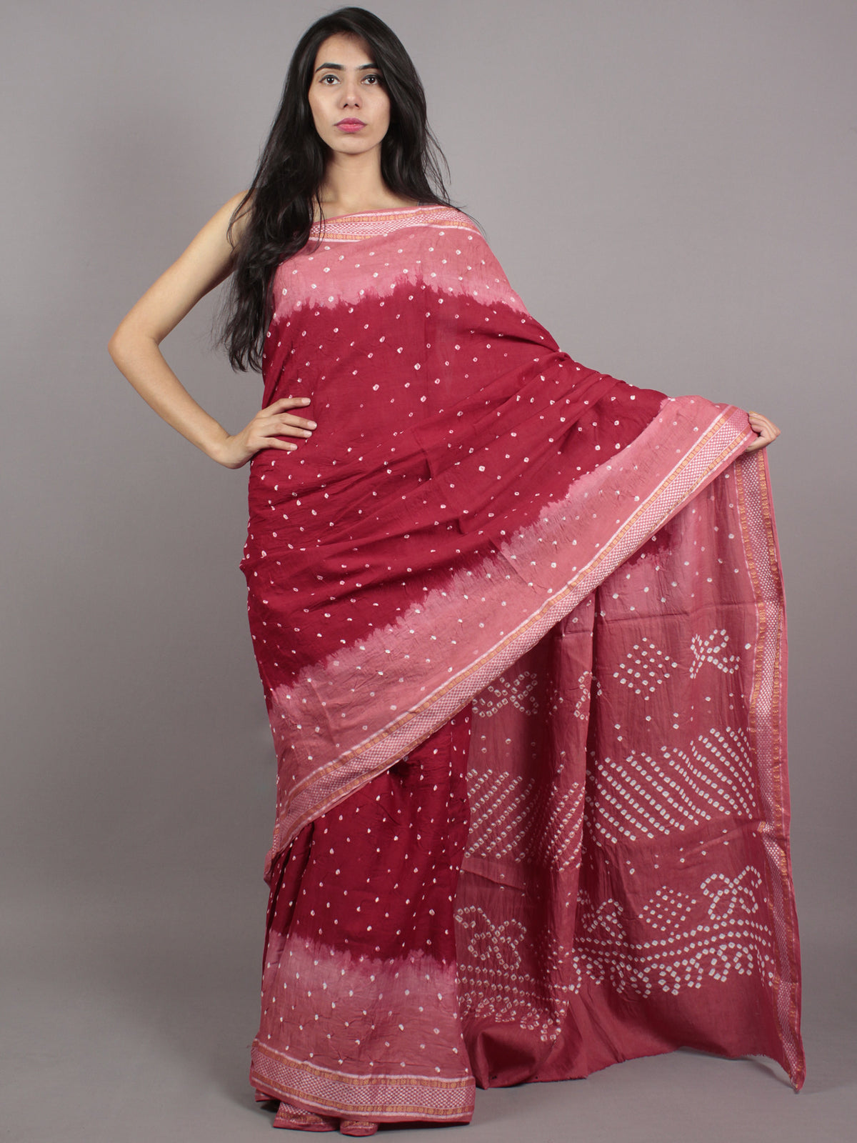 Peach Maroon Ivory Hand Tie & Dye Bandhej Glace Cotton Saree With Resham Border - S031701555