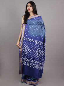 Blue Ivory Hand Tie & Dye Bandhej Glace Cotton Saree With Resham Border - S031701556