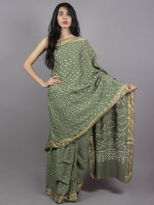 Sage Green Ivory Hand Tie & Dye Bandhej Glace Cotton Saree With Resham Border - S031701561