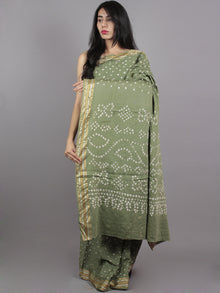 Sage Green Ivory Hand Tie & Dye Bandhej Glace Cotton Saree With Resham Border - S031701561