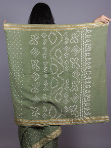 Sage Green Ivory Hand Tie & Dye Bandhej Glace Cotton Saree With Resham Border - S031701561