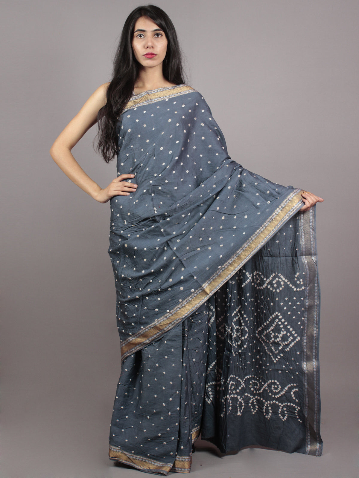 Steel Grey Ivory Hand Tie & Dye Bandhej Glace Cotton Saree With Resham Border - S031701564