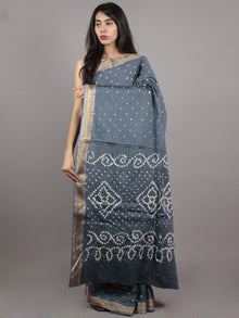 Steel Grey Ivory Hand Tie & Dye Bandhej Glace Cotton Saree With Resham Border - S031701564