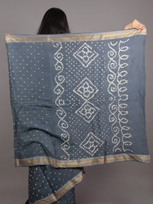 Steel Grey Ivory Hand Tie & Dye Bandhej Glace Cotton Saree With Resham Border - S031701564