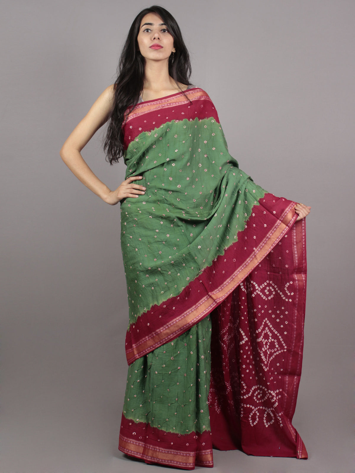 Green Maroon Ivory Hand Tie & Dye Bandhej Glace Cotton Saree With Resham Border - S031701565