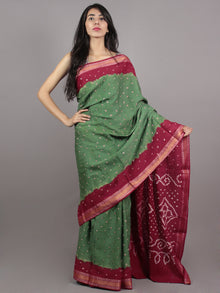 Green Maroon Ivory Hand Tie & Dye Bandhej Glace Cotton Saree With Resham Border - S031701565