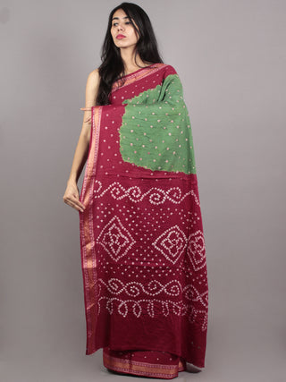 Green Maroon Ivory Hand Tie & Dye Bandhej Glace Cotton Saree With Resham Border - S031701565