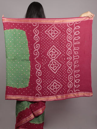 Green Maroon Ivory Hand Tie & Dye Bandhej Glace Cotton Saree With Resham Border - S031701565