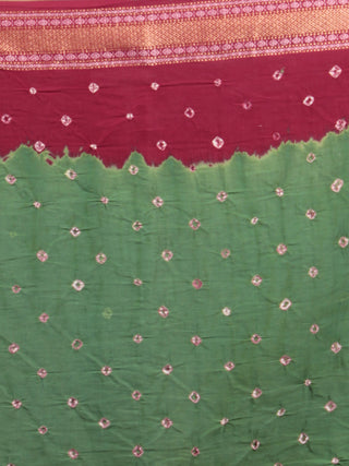 Green Maroon Ivory Hand Tie & Dye Bandhej Glace Cotton Saree With Resham Border - S031701565
