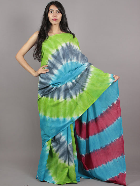 Green Blue Grey Ivory Hand Shibori Dyed Cotton Saree - S031701566