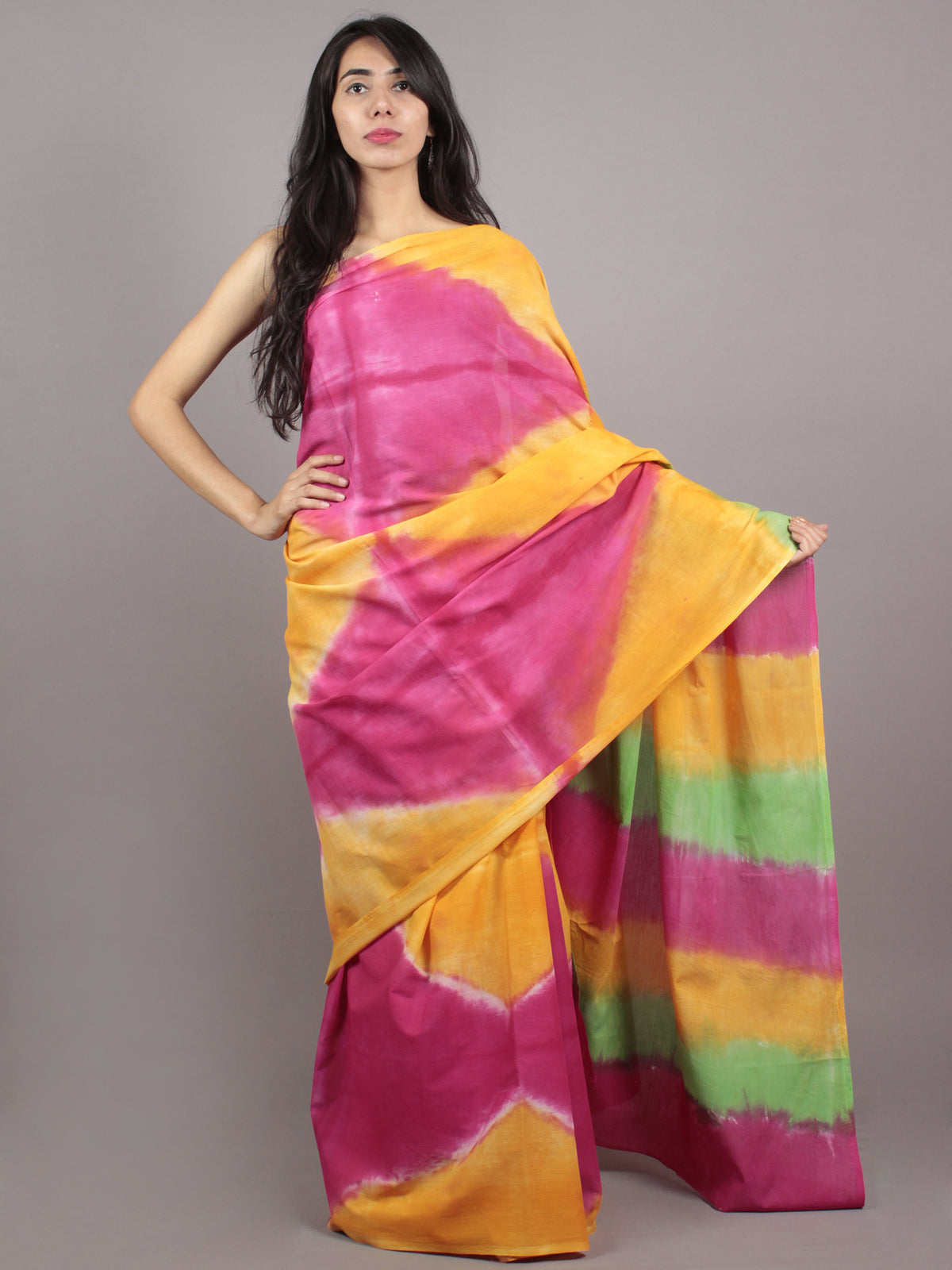 Yellow Green Pink Hand Shibori Dyed Cotton Saree - S031701567